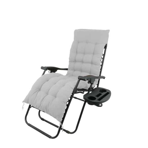 FOLDING GARDEN LOUNGER WITH STAND, POCKET, BLACK WITH GRAY CUSHION