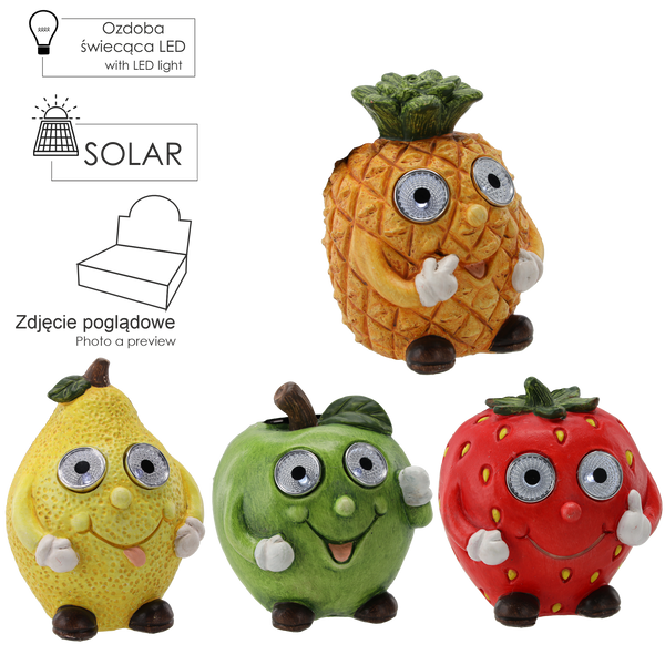 GARDEN FIGURINE - LED FRUITS 10 x 10 x 14 CM, ASSORTED DESIGNS, pack=4 pcs