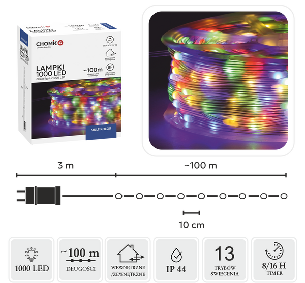 LAMPKI LED MICRO NA SZPULI 1000L MULTIKOLOR, DŁ. 3 + 100 M *8578