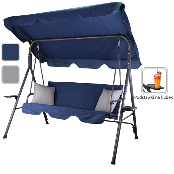 HUŚTAWKA OGRODOWA A-TYPE 170 x 118 x 153 cm GRANATOWA Z SZARYMI POD. I PODSTAWKAMI NA KUBEK