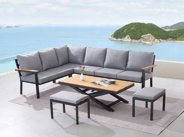 ZESTAW MEBLI OGRODOWYCH ALUMINIOWYCH TEAKOWYCH (SOFA NAROŻNA + STÓŁ + 2 TABORETY) ANTRACYT + SZARE PODUSZKI