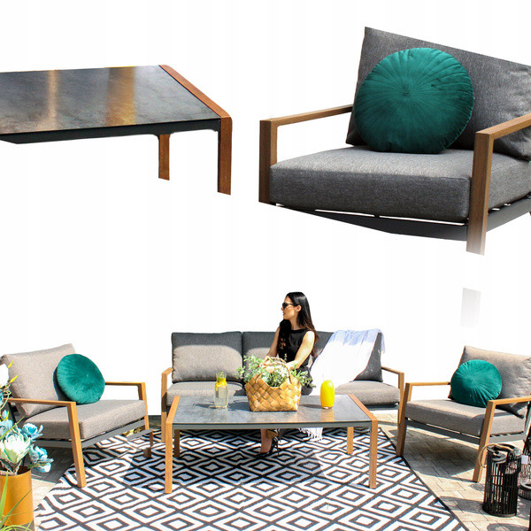 ALUMINUM FURNITURE "ASTANA" SET (3-SEATER SOFA + 2 ARMCHAIRS + TABLE) GREY + GREY CUSHIONS