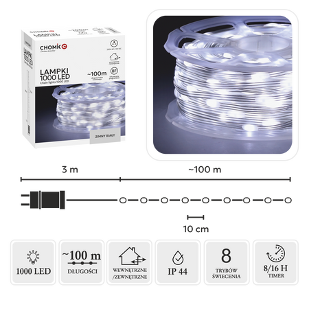 LAMPKI LED MICRO NA SZPULI 1000L ZIMNY BIAŁY, DŁ. 3 + 100 M *8561