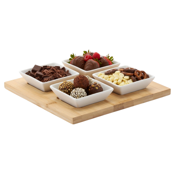 SADA NA SERVÍROVANIE PREDKRMOv - 4 ŠTVORCOVÉ PORCELÁNOVÉ MISKY S BAMBUSOVOU DOSKOU 22x22x3,5CM *7279