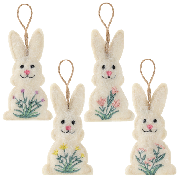 EASTER DECORATION - HANGING 5 x 10,5 CM BUNNY WITH FLOWERS MIX 4 DESIGNS pack=12pcs