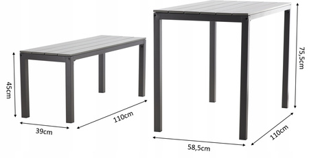 ZÁHRADNÝ NÁBYTOK SADA STOLU 110 x 58,5 x 75,5 CM + 2 LAJKY 110 x 39 x 45 CM ŠEDÁ *0841