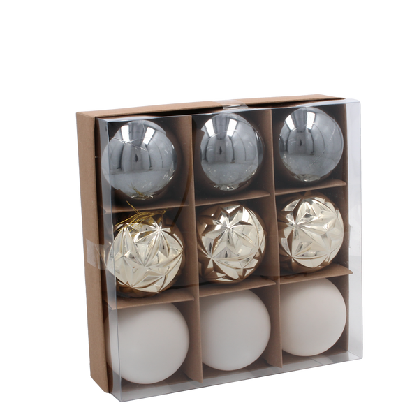 SET OF 9 ORNAMENTS 6 CM CHAMPAGNE/GRAY/WHITE