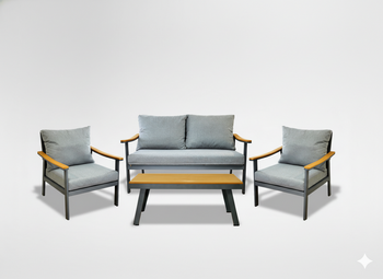 ZESTAW MEBLI ALUMINIOWYCH "LUBLANA" (SOFA + 2 FOTELE + STOLIK) SZARY + SZARE PODUSZKI