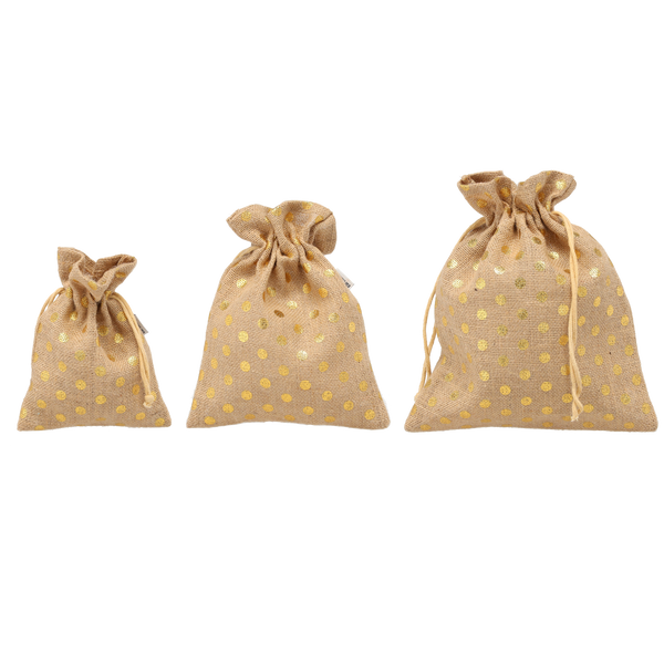 SET 3 Pungi din Jută 30x25 / 25x20 / 20x15 CM PUNCTE AURII pachet=5buc *3840