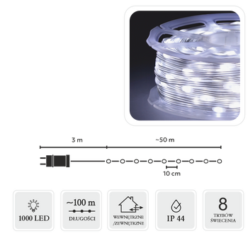 LAMPKI LED MICRO NA SZPULI 1000L ZIMNY BIAŁY, DŁ. 3 + 100 M *8561