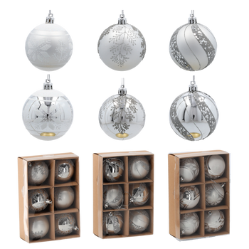 Set de 6 globuri de Crăciun argintii 7 cm mix de modele *5805