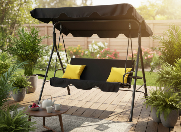 HUŚTAWKA OGRODOWA A-TYPE 170 x 118 x 153 cm CZARNA Z ŻÓŁTYMI POD. I PODSTAWKAMI NA KUBEK