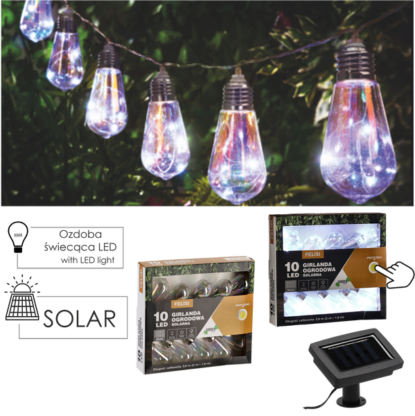 GIRLANDĂ SOLARĂ PENTRU GRĂDINĂ LUNGIMEA 2 + 1,8 M FELISI 10 LED OPAL ZIMBURI ALB *3552