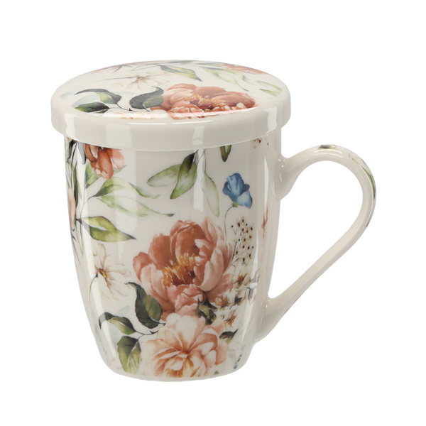 KUBEK PORCELANOWY Z ZAPARZACZEM I POKRYWKĄ 340 ML MIX KWIATOWYCH WZORÓW *1872