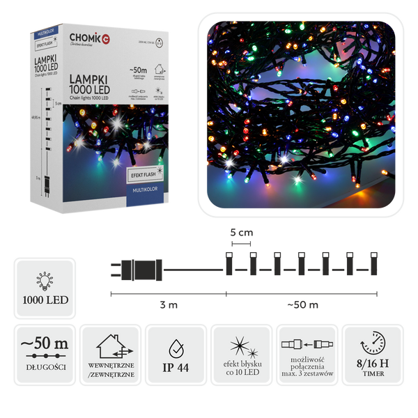 LAMPKI LED 1000L MULTIKOLOR + ZIMNY FLASH, DŁ. 3 + 50 M WEWN/ZEWN *8455