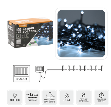 LAMPKI LED SOLARNE 100L ZIMNY BIAŁY, DŁ. 2 + 10 M *9911