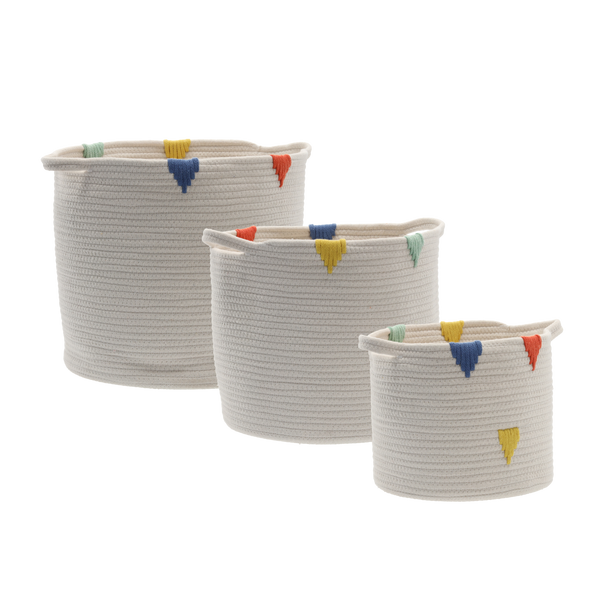 ZESTAW 3 OKRĄGŁYCH KOSZY NA PRANIE/ZABAWKI BIAŁY Z KOLOROWYM WZOREM
