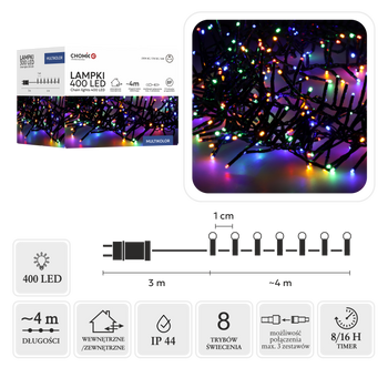 LAMPKI LED CLUSTER 400L MULTIKOLOR, DŁ. 3 + 4 M WEWN/ZEWN *8165