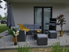 SET OF GARDEN FURNITURE (CORNER SOFA, 2 STOOLS, TABLE) - GREY , CUSHIONS - GREY