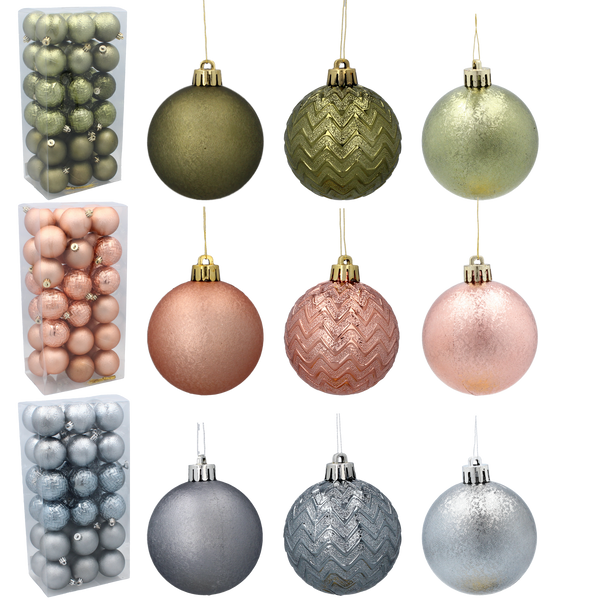 SET OF 36 BAUBLES 6 CM OLIVE/COPPER/GRAPHITE MIX DESIGNS
