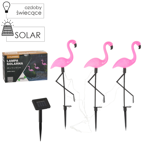 LAMPA SOLARNA 25 x 15 x 53 CM 3 FLAMINGI 6 LED ZIMNY BIAŁY *6087