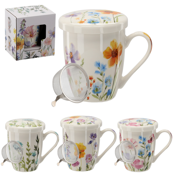 PORCELAIN MUG WITH INFUSER AND LID 340 ML MIX OF FLOWER PATTERNS