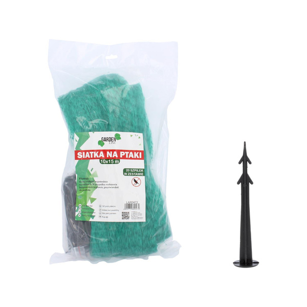 REȚEA DE PROTECȚIE ÎMPOTRIVA PĂSĂRILOR 10m x 15m (4g/m2) + 20 PEGURI DE ÎNCREDARE VERDE *0472