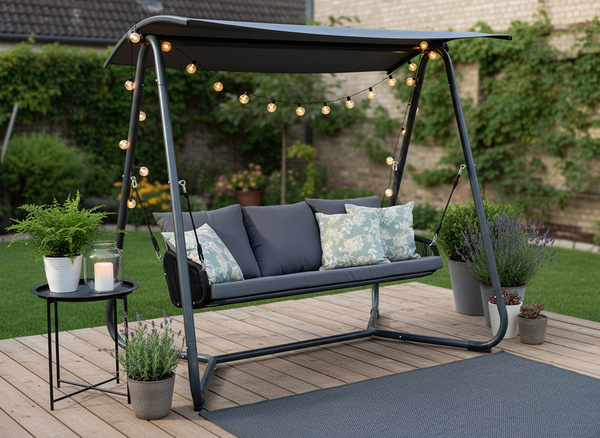 HUŚTAWKA OGRODOWA Z PLECIONYMI PODŁOKIETNIKAMI 180 x 139 x 185 CM ANTRACYTOWA PREMIUM