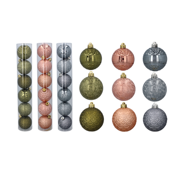 Set de 6 globuri decorative de 6 cm verzi măslinii/ cupru/ grafit, mix de modele tub *7092