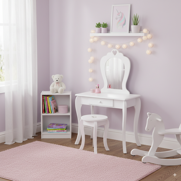 SMALL COSMETIC DRESSING TABLE WHITE WITH MIRROR + STOOL