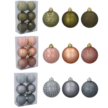 SET OF 6 BAUBLES 6 CM OLIVE/COPPER/GRAPHITE MIX DESIGNS