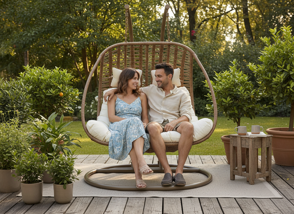 FOTEL WISZĄCY SURI DWUOSOBOWY - NATURALNY, KREMOWA PODUSZKA, NATURALNA RAMA 