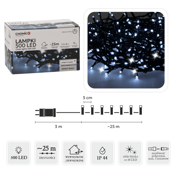 LAMPKI LED 500L ZIMNY BIAŁY + ZIMNY FLASH, DŁ. 3 + 25 M WEWN/ZEWN *9607
