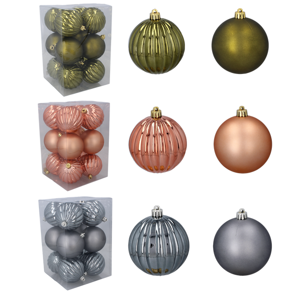 SET OF 12 BAUBLES 8 CM OLIVE/COPPER/GRAPHITE MIX DESIGNS