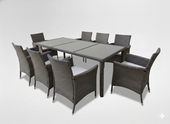 ZESTAW MEBLI OGRODOWYCH / 8 FOTELI + DUŻY STÓŁ / BRĄZ + BEŻ