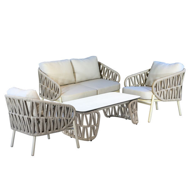 ZESTAW MEBLI ALUMINIOWYCH ( SOFA + 2 FOTELE + STOLIK ) BEŻOWE + BEŻOWE PODUSZKI