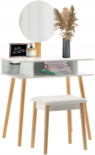 TOALETKA DO WIZAŻU BIAŁA RETRO Z OKRĄGŁYM LUSTREM + TABORET *5803