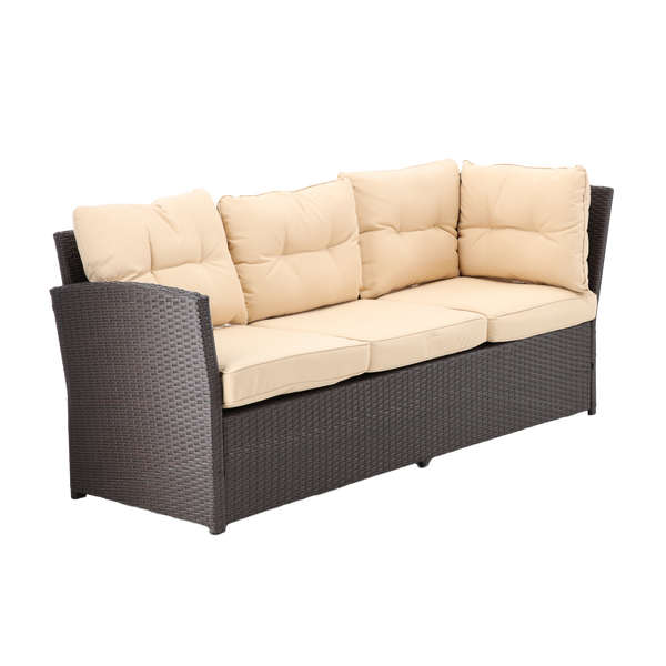 ZESTAW MEBLI RATTANOWYCH ( SOFA NAROŻNA + 2 PUFY + STOLIK Z REGULOWANĄ WYS.) BRĄZOWY + KREMOWE PODUSZKI *8205