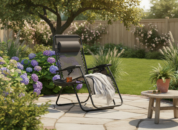 LEŻAK OGRODOWY SKŁADANY Z PODSTAWKĄ, KIESZONKĄ I ZAGŁÓWKIEM