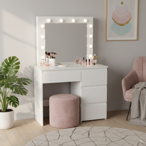 TOALETKA DO WIZAŻU BIAŁA Z OŚWIETLENIEM Z 4 SZUFLADAMI 94x43x140 cm *4868