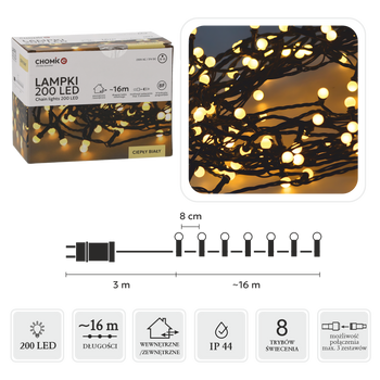 LAMPKI LED KULKI 200L CIEPŁY BIAŁY, DŁ. 3 + 16 M *0146