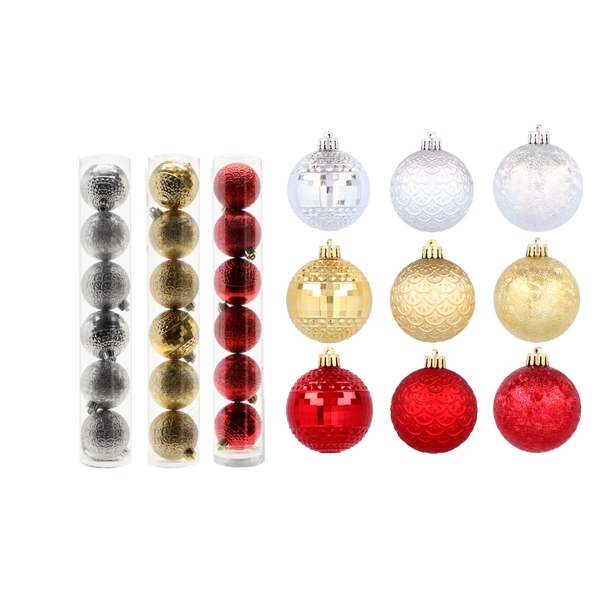 SET OF 6 BAUBLES 6 CM RED/GOLD/SILVER (TUBE)
