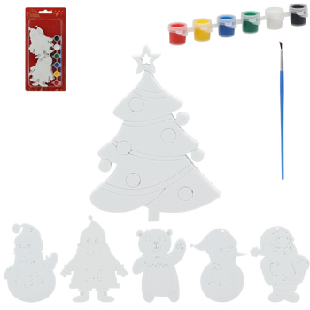 SET OF 6 CHRISTMAS DECORATIONS DIY + 6 PAINTS AND BRUSH ASSORTED 6 DESIGNS