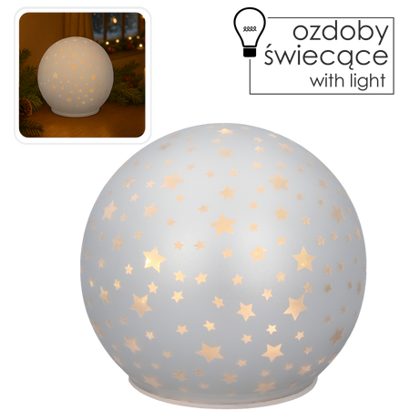 SKLENĚNÁ OZDOBIČKA - BÍLÁ S HVĚZDIČKAMI LED 12 x 11 CM balení=4ks *1839