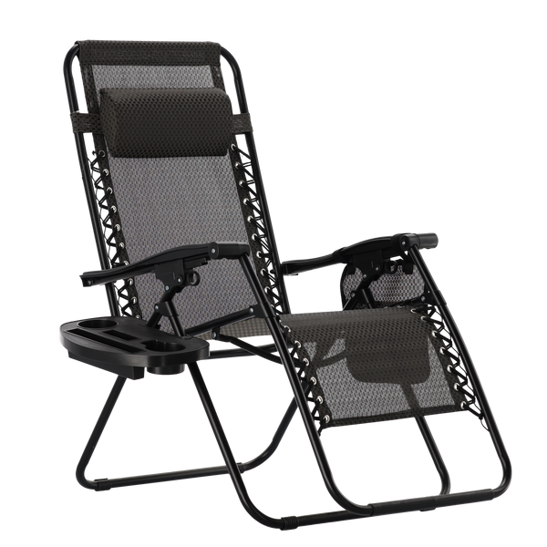 FOLDING GARDEN LOUNGER WITH STAND, POCKET, AND HEADREST