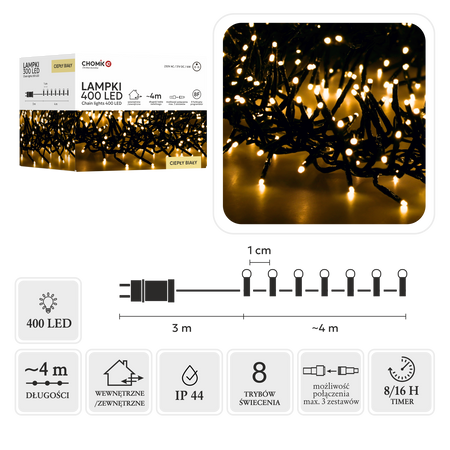LED CLUSTER 400L TEPLÁ BIELA, DĹŽKA 3 + 4 M VNÚTORNÉ/EXTERIÉROVÉ *8141