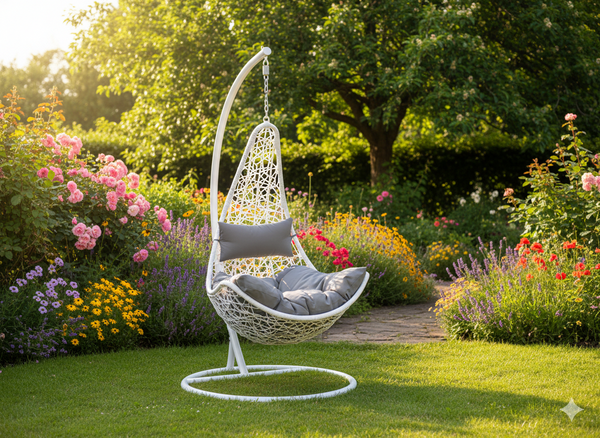 FOTEL WISZĄCY BIAŁY, PODUSZKA - CIEMNOSZARA , RAMA - BIAŁA, POŁÓWKA