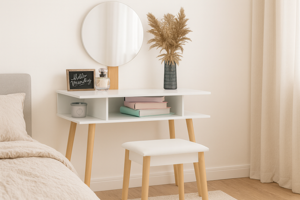 TOALETKA DO WIZAŻU BIAŁA RETRO Z OKRĄGŁYM LUSTREM + TABORET *5803