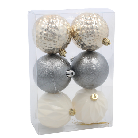 SET OF 6 ORNAMENTS 8 CM CHAMPAGNE/GRAY/WHITE