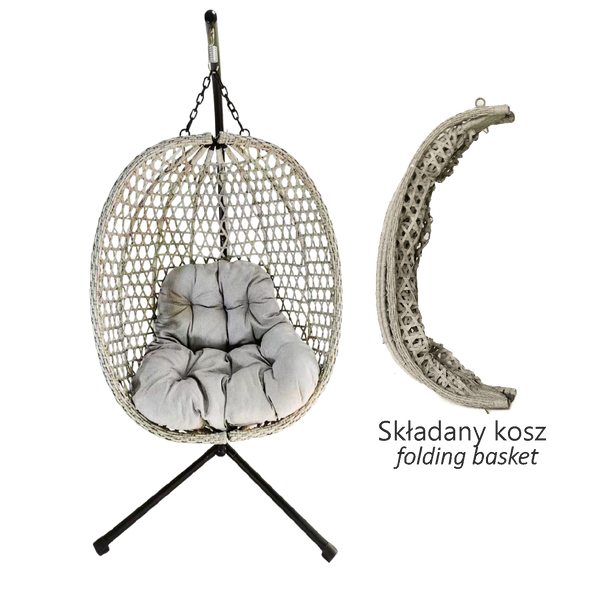 FOTEL WISZĄCY SKŁADANY DRIM - SZARY, SZARA PODUSZKA, CZARNA RAMA 